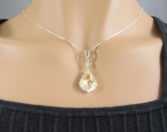 Collier AB en cristal baroque avec bélière en argent sterling, pendentif en cristal clair aurore boréale, bijoux de fête de mariage en forme de larme taillée vintage