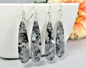 Large Larvikite Drop Gemstone Earrings on Sterling Silver, Grey Black Moonstone Iridescent Jewelry, Long Natural Stone Unique Women's Gift