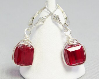 Vintage Red & Poured White Inner Cube Glass Sterling Silver Drop Earrings 