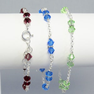 Dainty Birthstone Swarovski Crystal Sterling Silver Bracelet, Stackable Birthday Jewelry Adjustable, Woman's Girl's Personalized Gift