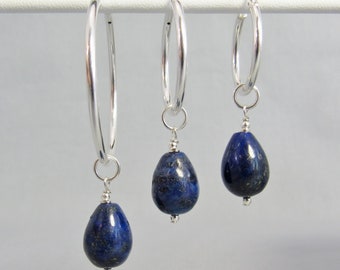 Lapis Lazuli Dangle Sterling Hoop Earrings, Genuine Blue Stone Teardrop Earrings, September Birthstone Jewelry Gift