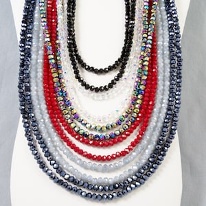 Long Crystal Bead Necklace, Extra Long Triple Wrap Magnetic Clasp Jewelry, Choose Black Red Aurora Borealis Gray Rainbow Metallic Gunmetal