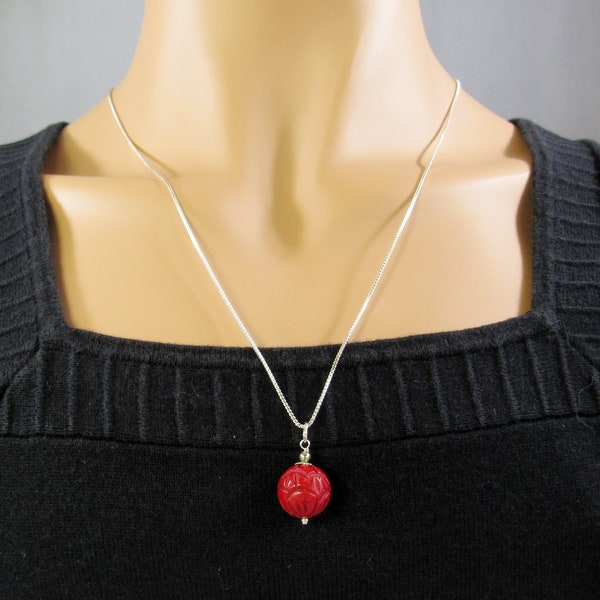 Single Red Coral Pendant Sterling Silver, Gemstone Necklace Charm, Carved Flower Red Bead Dangle, Layering Minimalist Jewelry