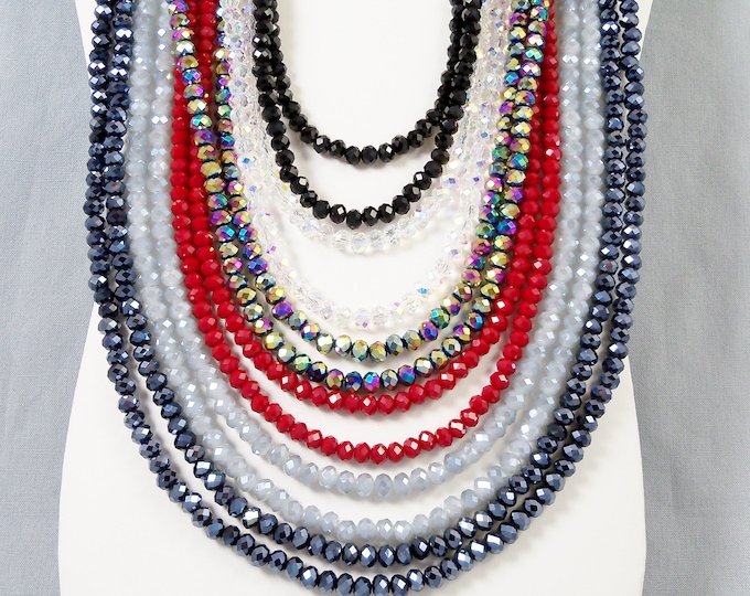 Grey Sparkling Bead Long Necklace with Ring & Round Ball Crystal Pendant main image 1
