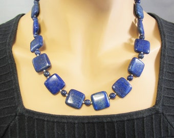 Real Lapis Bead Statement Necklace with Sterling Silver, Lapis Lazuli Women's Jewelry, Unique Square Bead Natural Stone Collar Semiprecious
