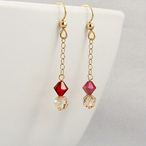 Red and Gold Crystals on Chain Earrings, Red Crystal Dangle Earrings, 14K Gold Fill Jewelry, Champagne Gold & Ruby Drops, Casual to Elegant