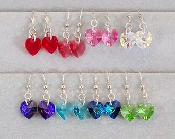 Small Crystal Heart Earrings Sterling Silver,  10mm Heart Dangle Crystal Jewelry Aurora Borealis Red Pink Purple Green Blue Young Woman Gift