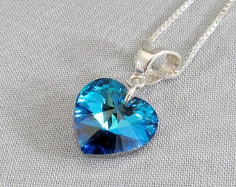 Blue Heart Crystal Pendant Necklace, Bermuda Blue Faceted Crystal from Austria Jewelry, 14mm Teal Aqua Heart Sterling Silver Bail