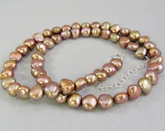 Brown Bridesmaid Jewelry Taupe and Bronze 10mm Single Strand Faux Pearl Necklace Light Gold