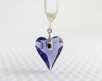 Purple Crystal Heart Necklace Pendant, Tanzanite 17mm Wild Heart Crystal Sterling Silver, Valentine's Mother's Day Jewelry Violet Lavender