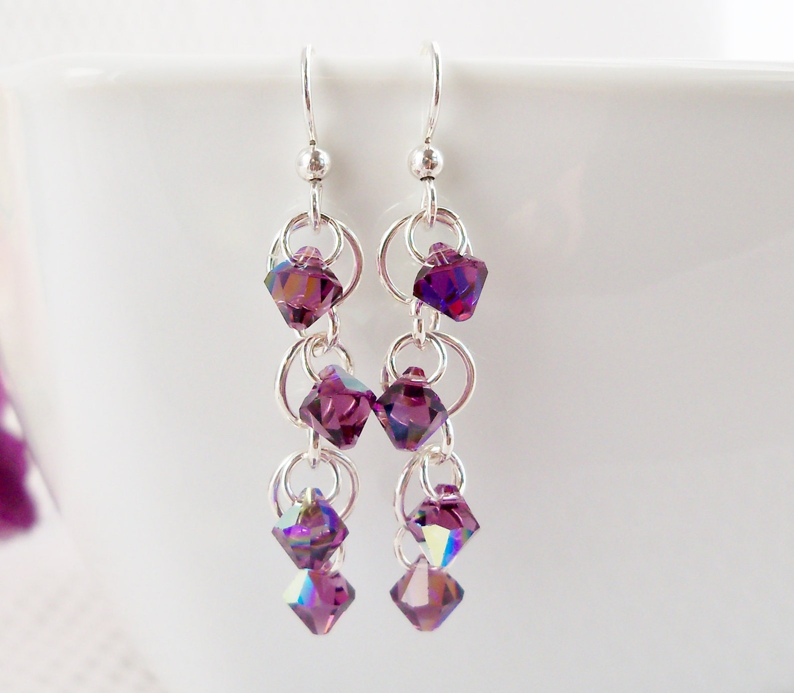 Purple Crystal Cascade Adjustable Necklace With Sterling Silver ...