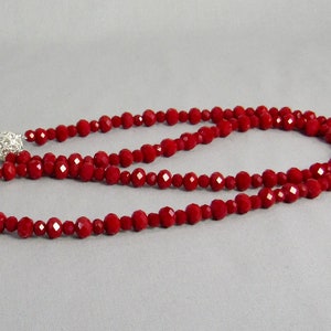 Long Red Crystal Bead Necklace with Magnetic Clasp, Disability Friendly Jewelry, Deep Red Velvet Chinese Crystal 30 Inch Small Medium Bead