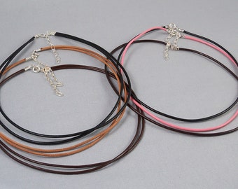 Leather Necklace with Sterling Silver Adjustable Chain & Clasp, Single and Double Leather Cords for Pendants, Brown Black Pink Cord