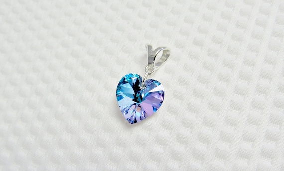 Aqua Lavender Crystal Heart Pendant Sterling Silver Bail, Purple Blue Vitrail Light 14mm Heart Necklace, Special Young Lady Gift