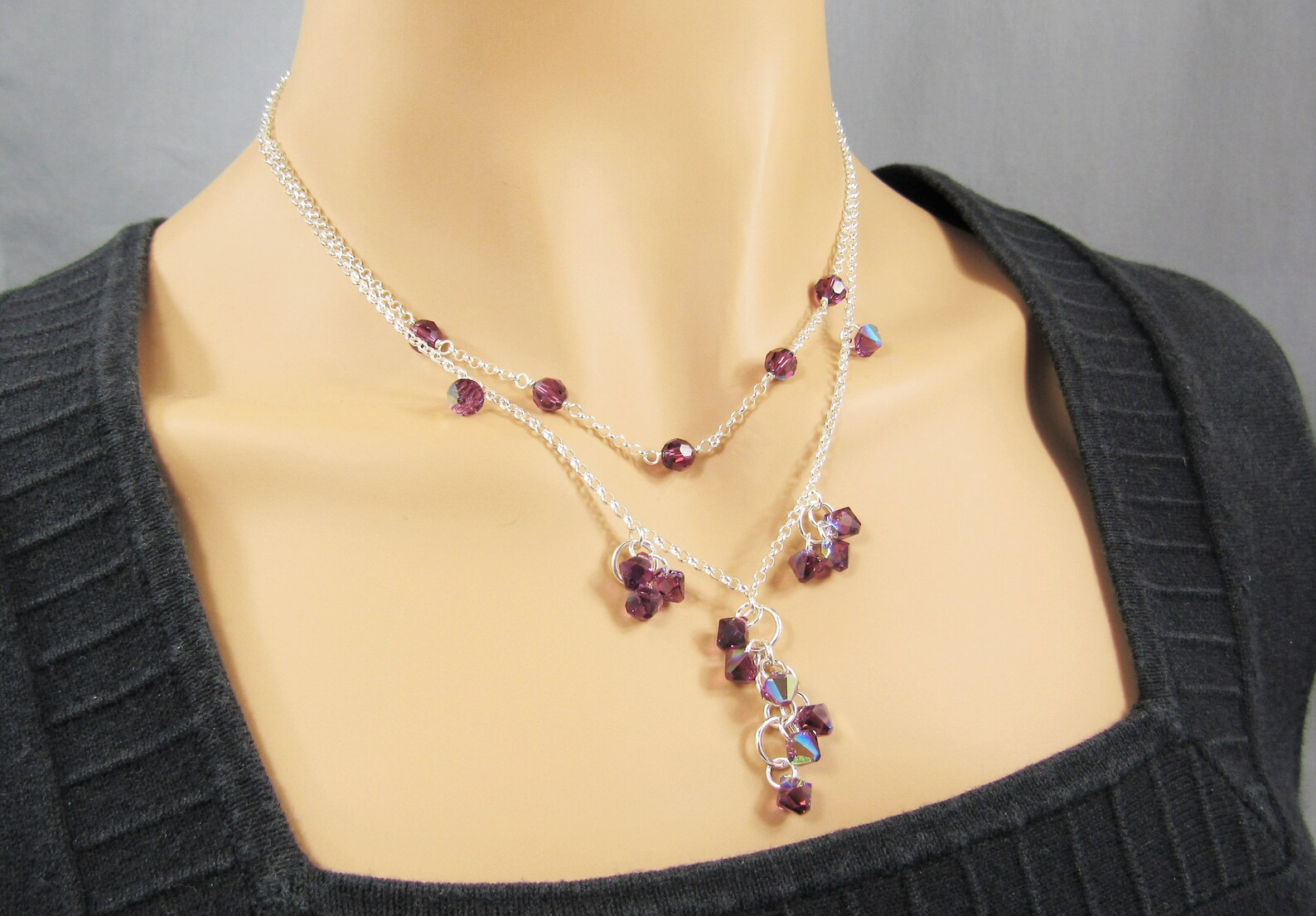 Purple Crystal Cascade Adjustable Necklace With Sterling Silver ...