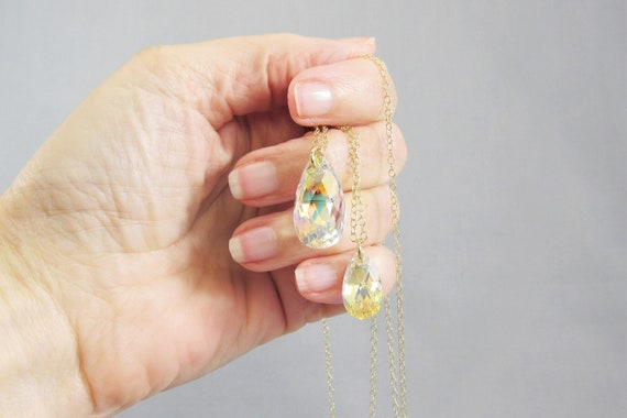 AB Crystal Teardrop Pendant Necklace 14K Gold Filled Chain, Aurora Borealis Prism Small or Large Crystal Pear Drop, Wedding Jewelry Gift