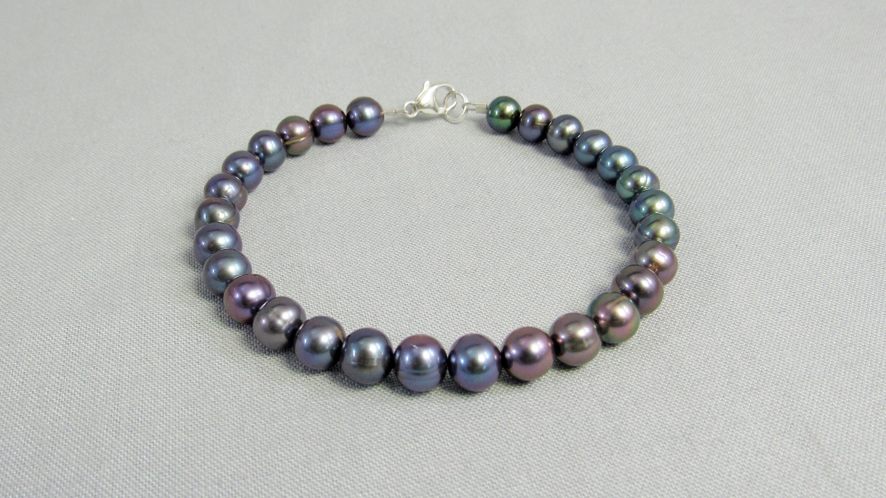 Dark Grey Freshwater Pearl Bracelet, Iridescent Grey Bead