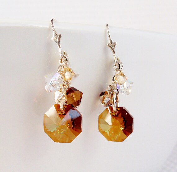 Sparkling Crystal Heart Cluster Dangle Earrings 14k Gold Filled - Golden Shade Sparkling Crystal Heart Cluster Dangle Earrings 14k Gold Filled - Golden Shade