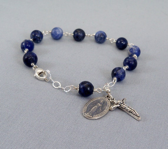 Gemstone Rosary Bracelet for Women, Sterling Silver Hand Wrapped Prayer Bead Jewelry, Blue Sodalite Wrist Rosary with Miraculous Medal
