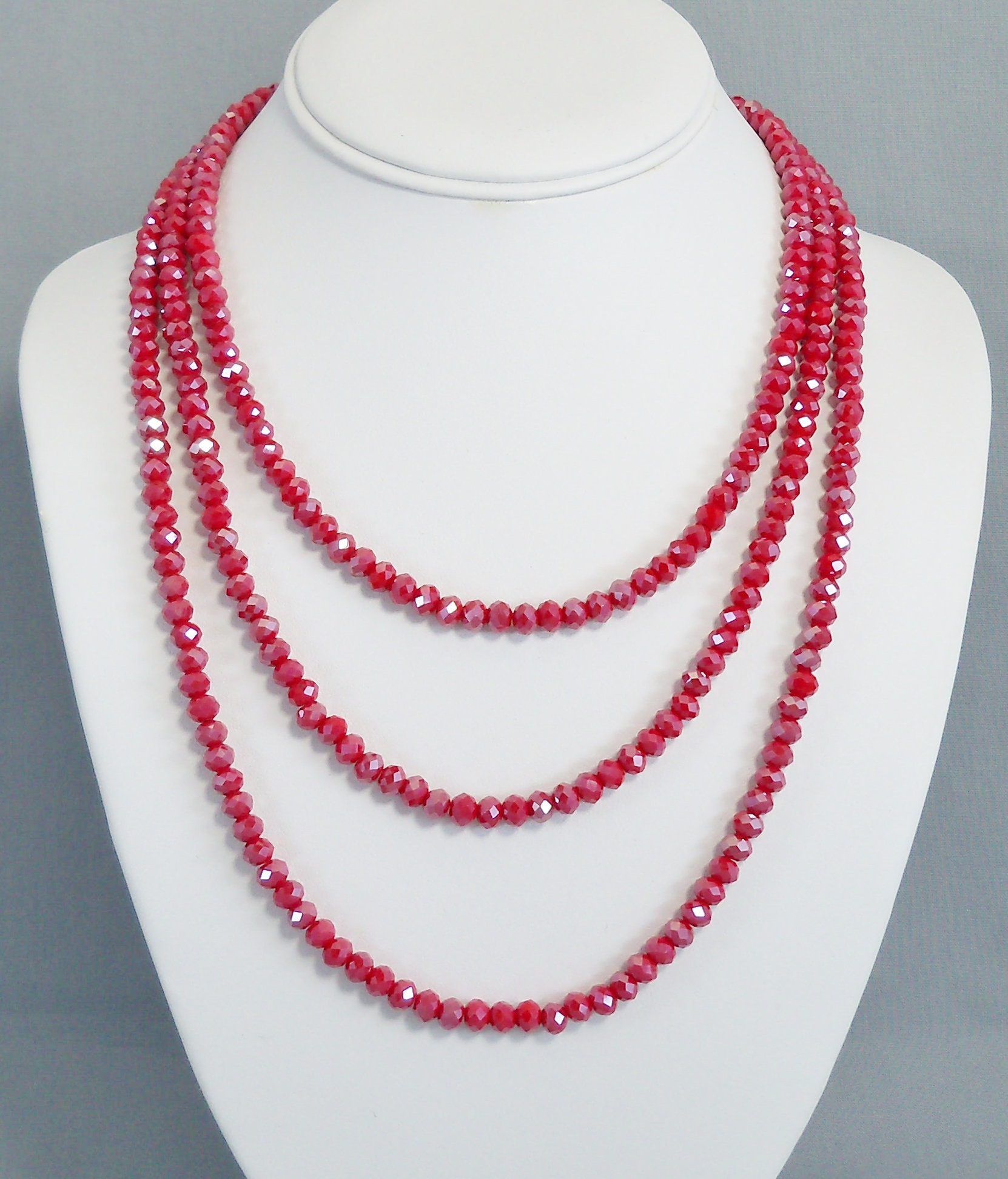 Long Red Crystal Bead Necklace Double or Triple Wrap Small Etsy