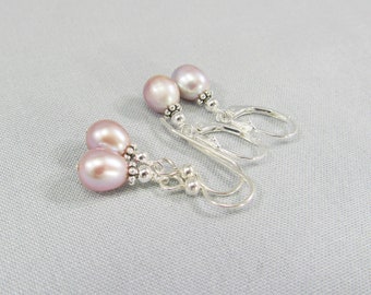 Small Pink Freshwater Pearl Drop Earrings 925 Sterling Silver, Petite Rice Pearl Bead Jewelry Gift, Short Light Pink 14K Gold Fill Leverback
