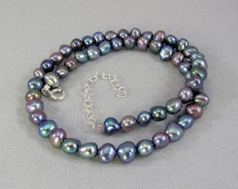 Peacock Pearl Necklace, Genuine Baroque Freshwater Pearl Jewelry, Dark Grey Pearl Nugget Bead Adjustable Sterling Silver Clasp Everyday Gift