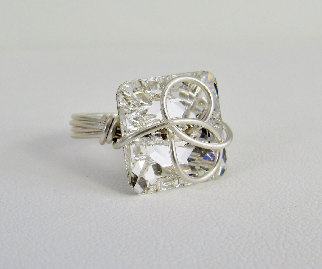 Solid Crystal Rings Square Crystal Ring With Sterling Silver Wire Wrapping, Geometric Clear ...