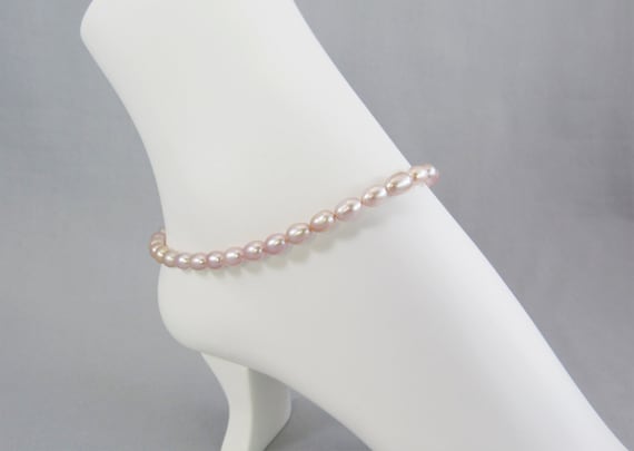 Pink Pearl Anklet with Sterling Silver Adjustable Chain, Lavender Mauve Rice Pearl Foot Jewelry, Bridesmaid Gifts Ankle Bracelet, Real Pearl