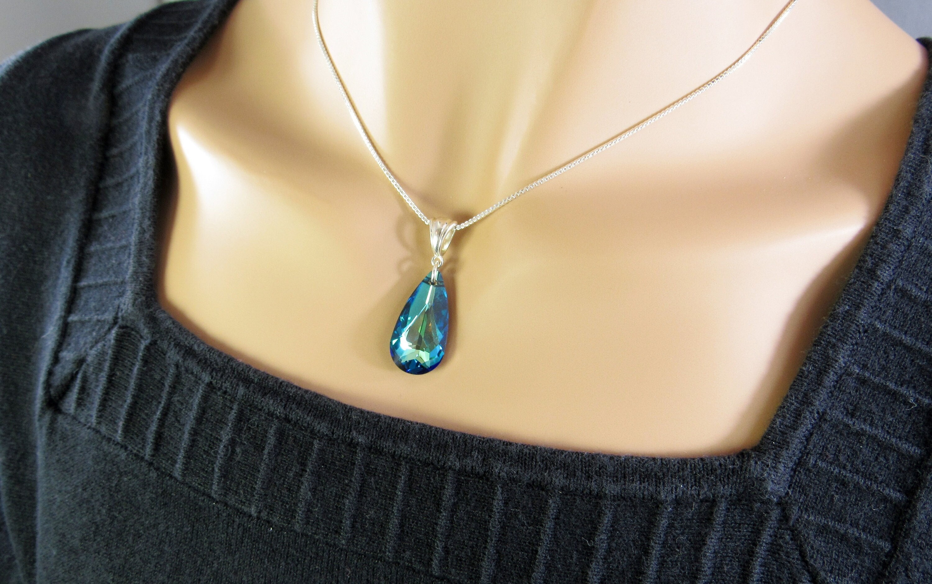 Bermuda Blue Crystal Teardrop Necklace Pendant with Sterling Silver Bail, Ocean Blue Green Crystal Jewelry Lead Crystal from Austria Pendant
