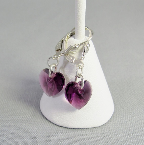 Sterling Silver Purple Heart Dangle Earrings Sterling Silver Purple Heart Dangle Earrings