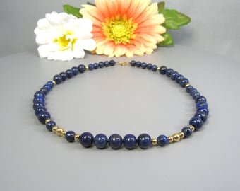 Lapis Lazuli Bead Necklace with Gold Filled, Blue Natural Stone Jewelry, Royal Blue Gemstone Women's Accessory Gift, Semiprecious Bead