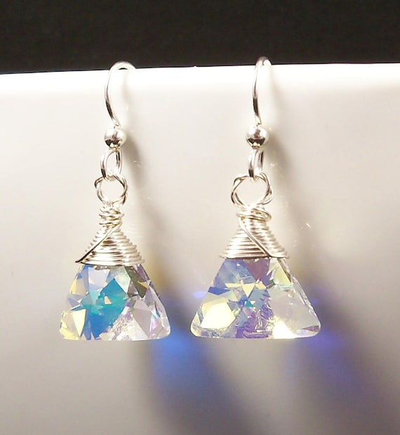 Faceted Triangle Crystal Dangle Earrings With Hand Wrapped Sterling Silver Aurora Borealis Modern Geometric Prism Jewelry Unique Style Gift Etsy Australia