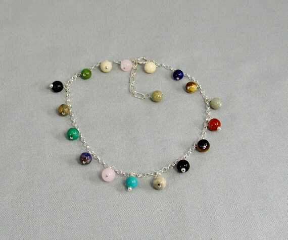 Rainbow Color Jade and Crystal Anklet Ankle Bracelet Adjustable Sterling Silver Rainbow Color Jade and Crystal Anklet Ankle Bracelet Adjustable Sterling Silver