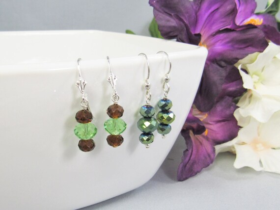 Green Crystal Dangle Earrings on Sterling Silver, Bright