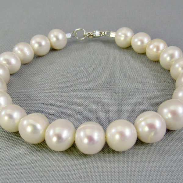 White Freshwater Pearl Bracelet, Genuine Pearl Jewelry, 9 mm Large Bead Bracelet, Sterling Silver Clasp, June Birthstone, Wedding Jewelry