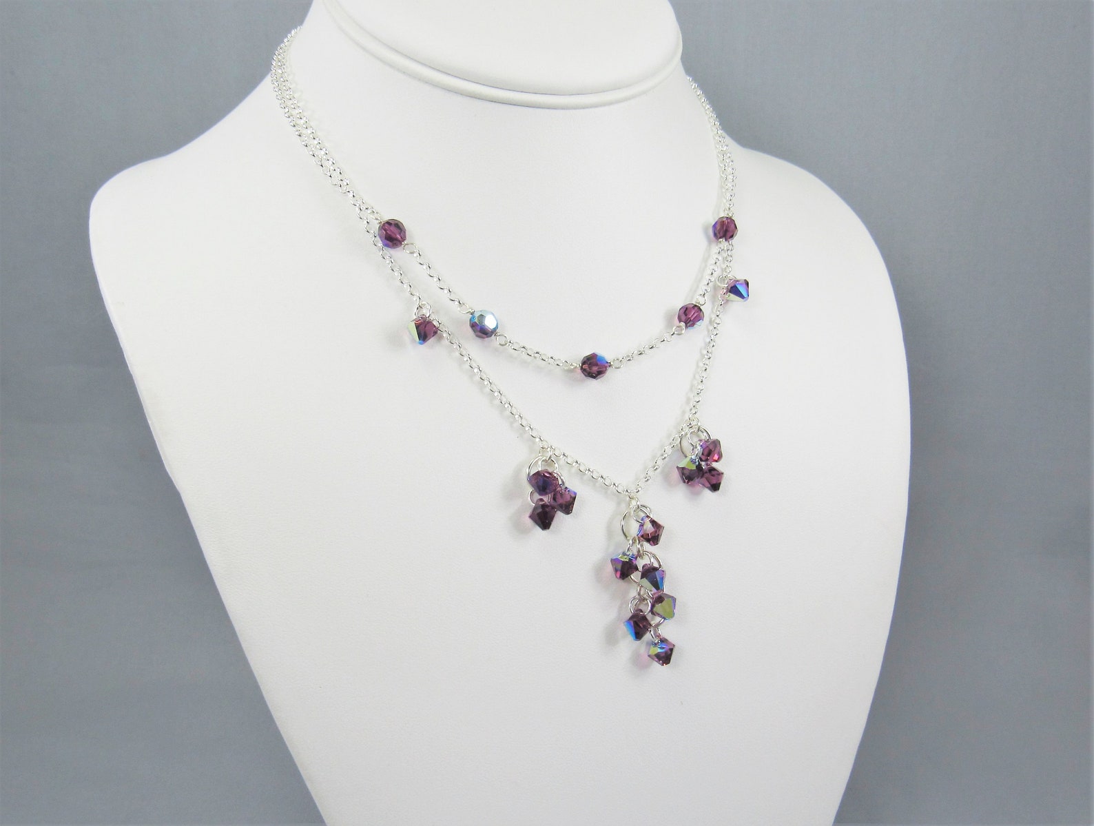 Purple Crystal Cascade Adjustable Necklace With Sterling Silver ...