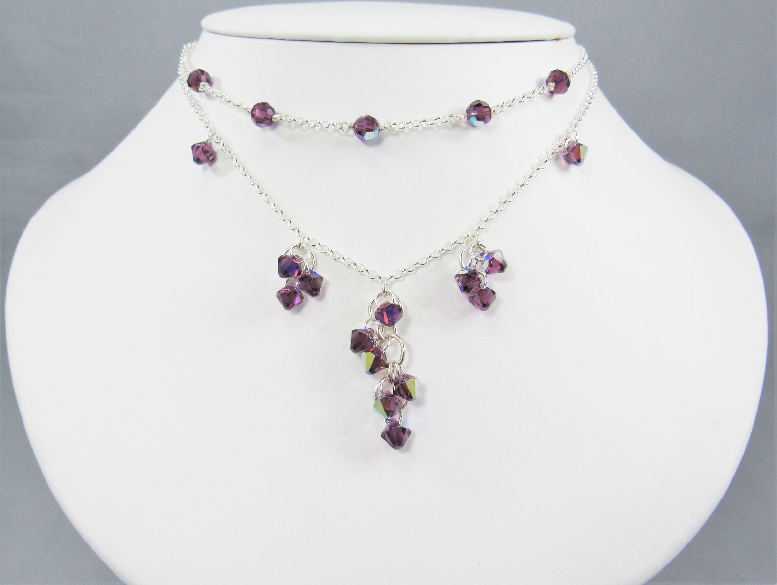 Purple Crystal Cascade Adjustable Necklace With Sterling Silver ...