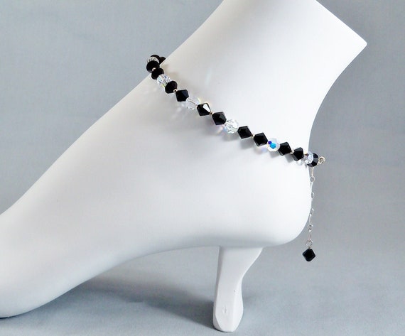 Black and Clear Crystal Anklet with Sterling Silver Adjustable Chain, Jet & Aurora Borealis Ankle Bracelet, Boho Summer Fashion Foot Jewelry