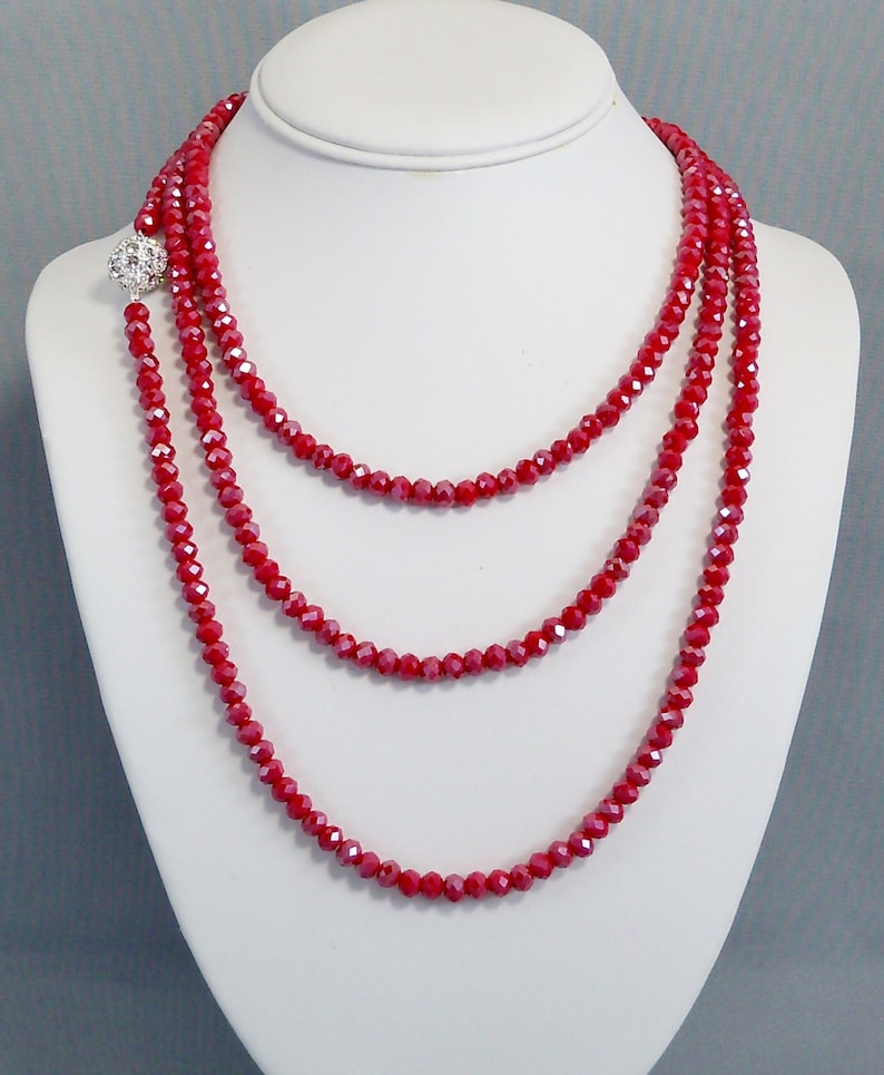 Long Red Crystal Bead Necklace, Double or Triple Wrap Small Bead Necklace, Magnetic Clasp Jewelry image 1