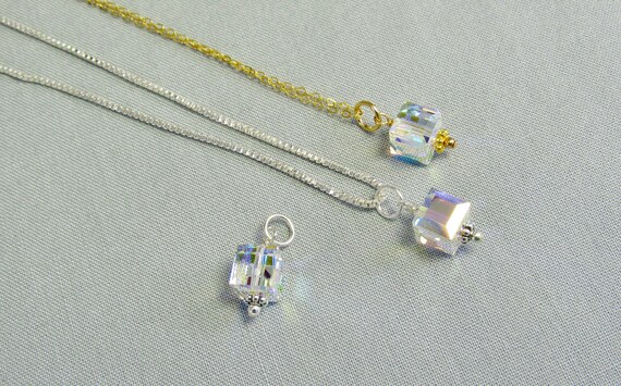 Aurora Borealis Sterling Silver Delicate Square Necklace With Swarovski Crystals