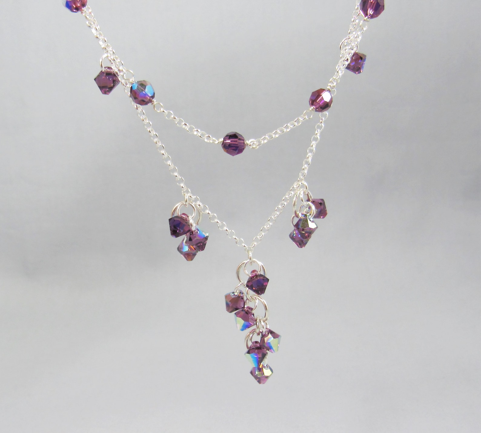 Purple Crystal Cascade Adjustable Necklace With Sterling Silver ...