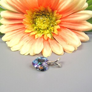 May include: A heart-shaped pendant with iridescent colors and a silver-tone bail. The pendant is set against a gray background, with a large orange and yellow flower in the background.