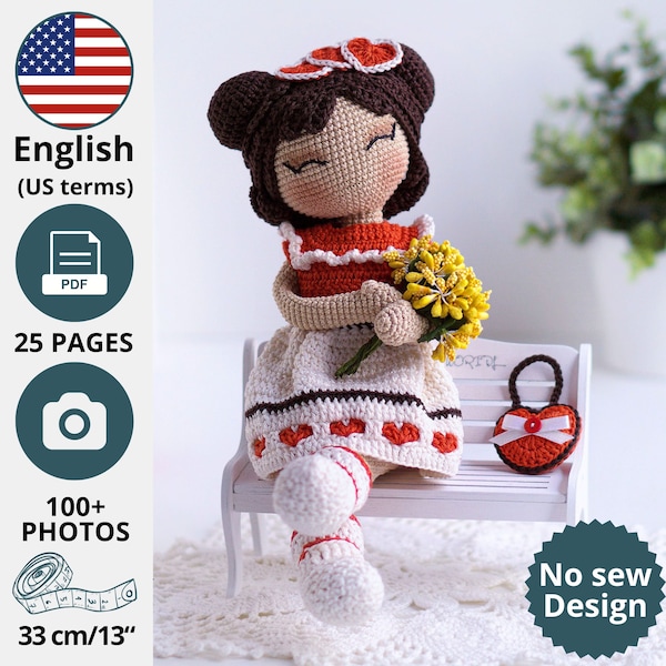 Crochet Doll Pattern with clothes, Amigurumi Doll Pattern 12 Inch, One Piece Doll Base Pattern, Valentines Crochet English Pattern