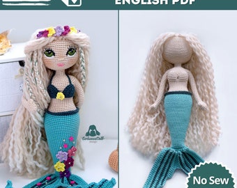 Mermaid Crochet Doll Princess Pattern, One Piece Amigurumi Crochet Doll Pattern, English Crochet Pattern PDF, Crochet Gift Pattern