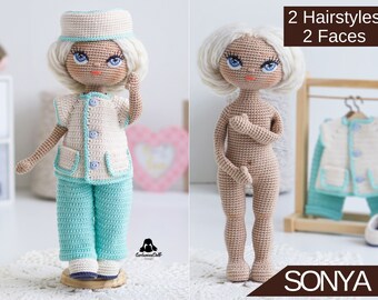 Crochet Doll Pattern - Sonya in Doctor/Nurse outfit (English PDF),  amigurumi doll base pattern with clothes, instant download