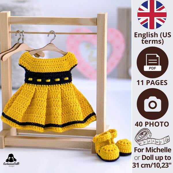 Crochet Doll Clothes Pattern - Yellow outfit set for Michelle (English PDF), crochet doll dress pattern, instant download