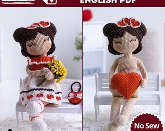 Crochet Doll Pattern with clothes, Amigurumi Doll Pattern 12 Inch, One Piece Doll Base Pattern, Valentines Crochet English Pattern