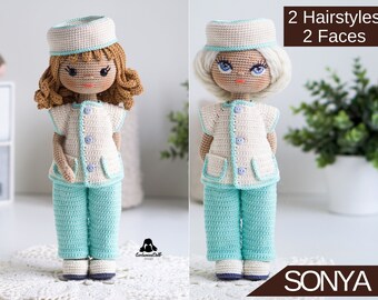 Crochet Doll Pattern - Sonya in Doctor/Nurse outfit (English PDF),  amigurumi doll with clothes, photo tutorial, instant download