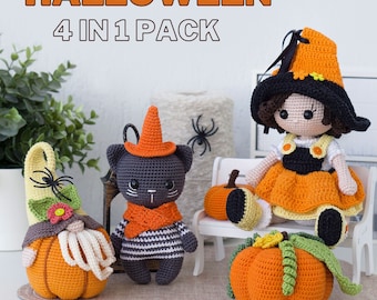 Lot de motifs au crochet d'Halloween 4 en 1 (anglais), modèles de jouets au crochet amigurumi pour chat, poupée sorcière, nain et citrouille ; téléchargement immédiat