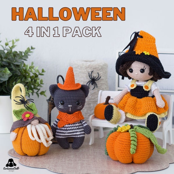 Halloween Crochet Pattern Bundle 4 in 1 (English), amigurumi crochet toy patterns for cat, witch doll, gnome, and pumpkin; instant download